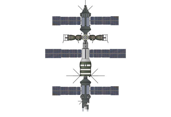 Ryc. g - Salut 8, ostatnia, najbardziej zaawansowana z serii baza z dwoma ciężkimi modułami Kosmos i węzłem cumowniczym - rok 1983