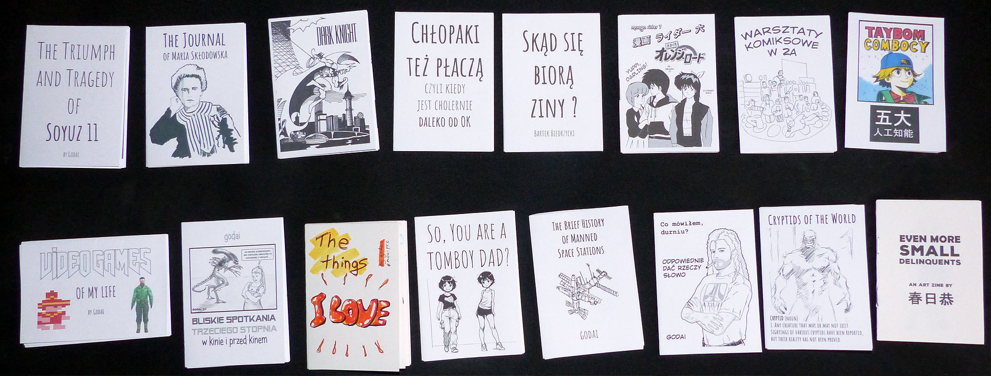 A bunch of DIY small folded zines about various topics, spread out on a desk.